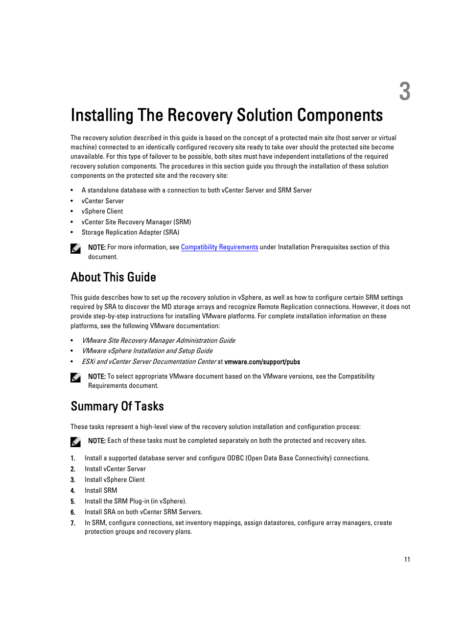 Installing the recovery solution components, About this guide, Summary of tasks | 3 installing the recovery solution components | Dell PowerVault MD3820i User Manual | Page 11 / 33