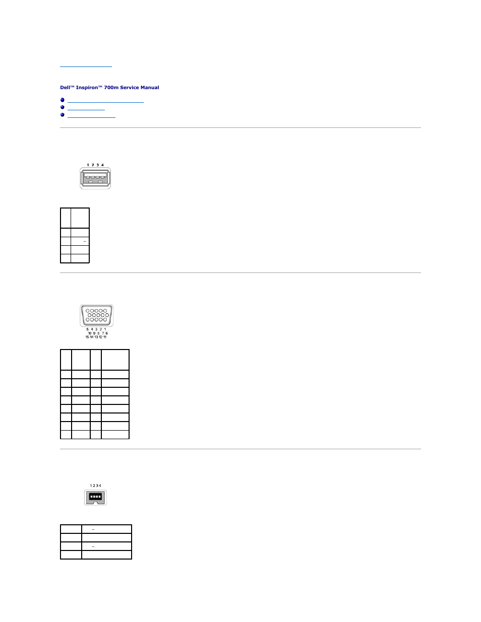 Pin assignments for i/o connectors, Usb connector 2.0 (dual-stacked), Video connector | Ieee 1394 connector | Dell Inspiron 700M User Manual | Page 24 / 39