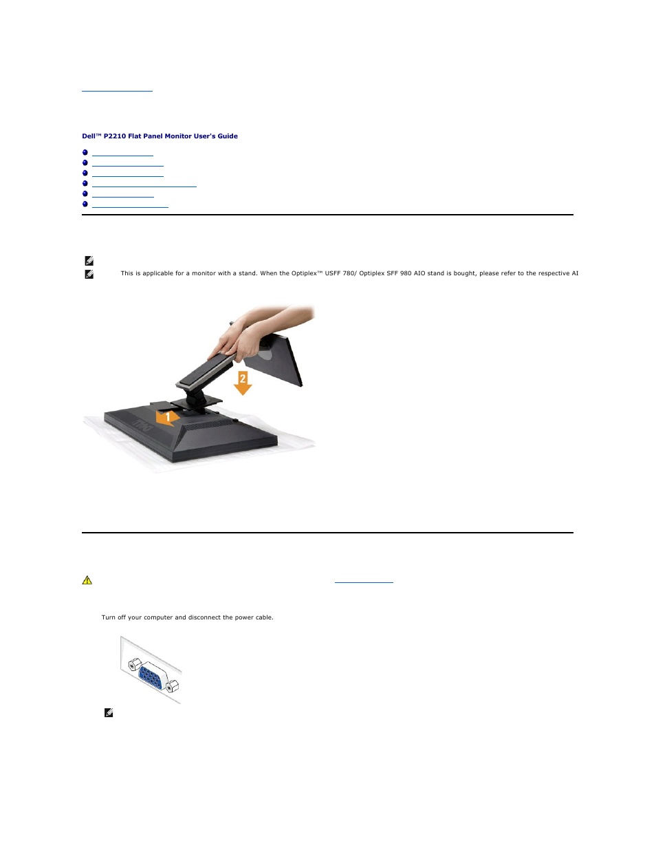 Setting up the monitor, Attaching the stand, Connecting your monitor | Dell P2210 Monitor User Manual | Page 24 / 32