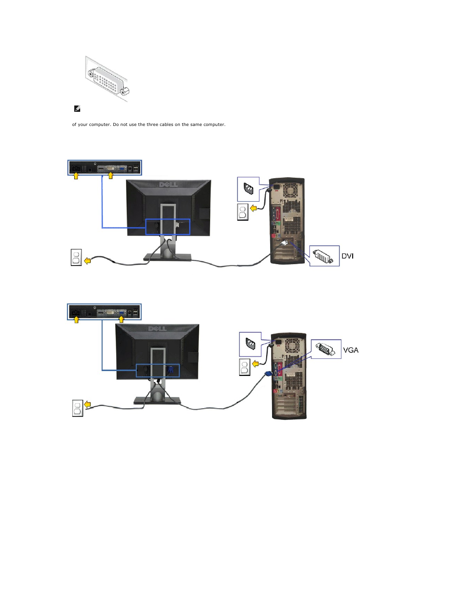 Connecting the white dvi cable, Connecting the blue vga cable, Connecting the black displayport cable | Dell P2210 Monitor User Manual | Page 25 / 32
