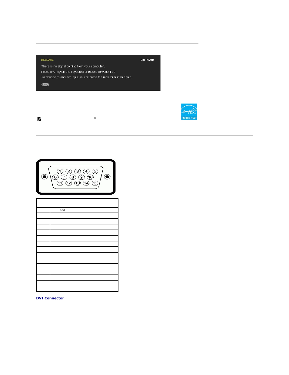 Pin assignments | Dell P2210 Monitor User Manual | Page 9 / 32