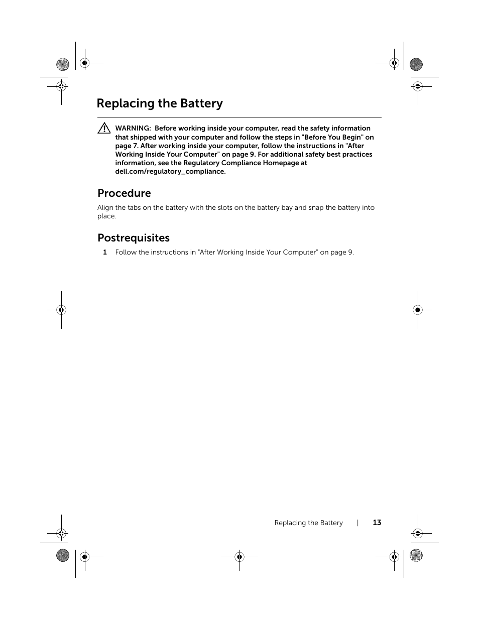 Replacing the battery, Procedure, Postrequisites | Dell Inspiron 15 (3521, Late 2012) User Manual | Page 13 / 94