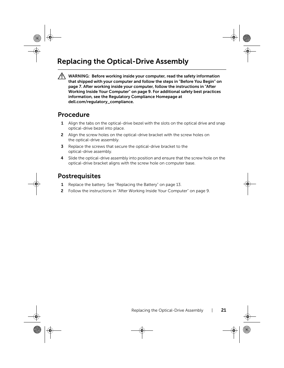 Replacing the optical-drive assembly, Procedure, Postrequisites | Dell Inspiron 15 (3521, Late 2012) User Manual | Page 21 / 94