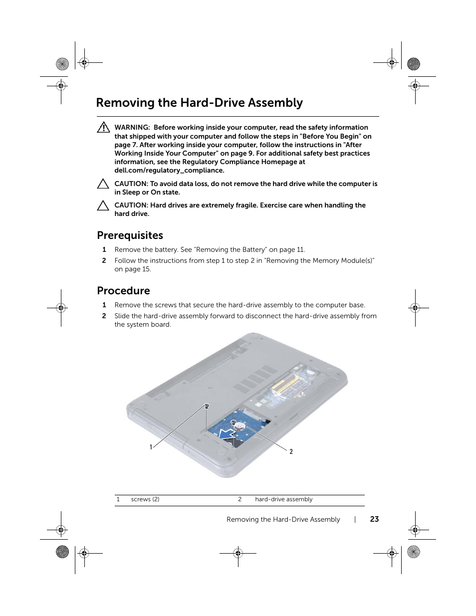 Removing the hard-drive assembly, Prerequisites, Procedure | Dell Inspiron 15 (3521, Late 2012) User Manual | Page 23 / 94