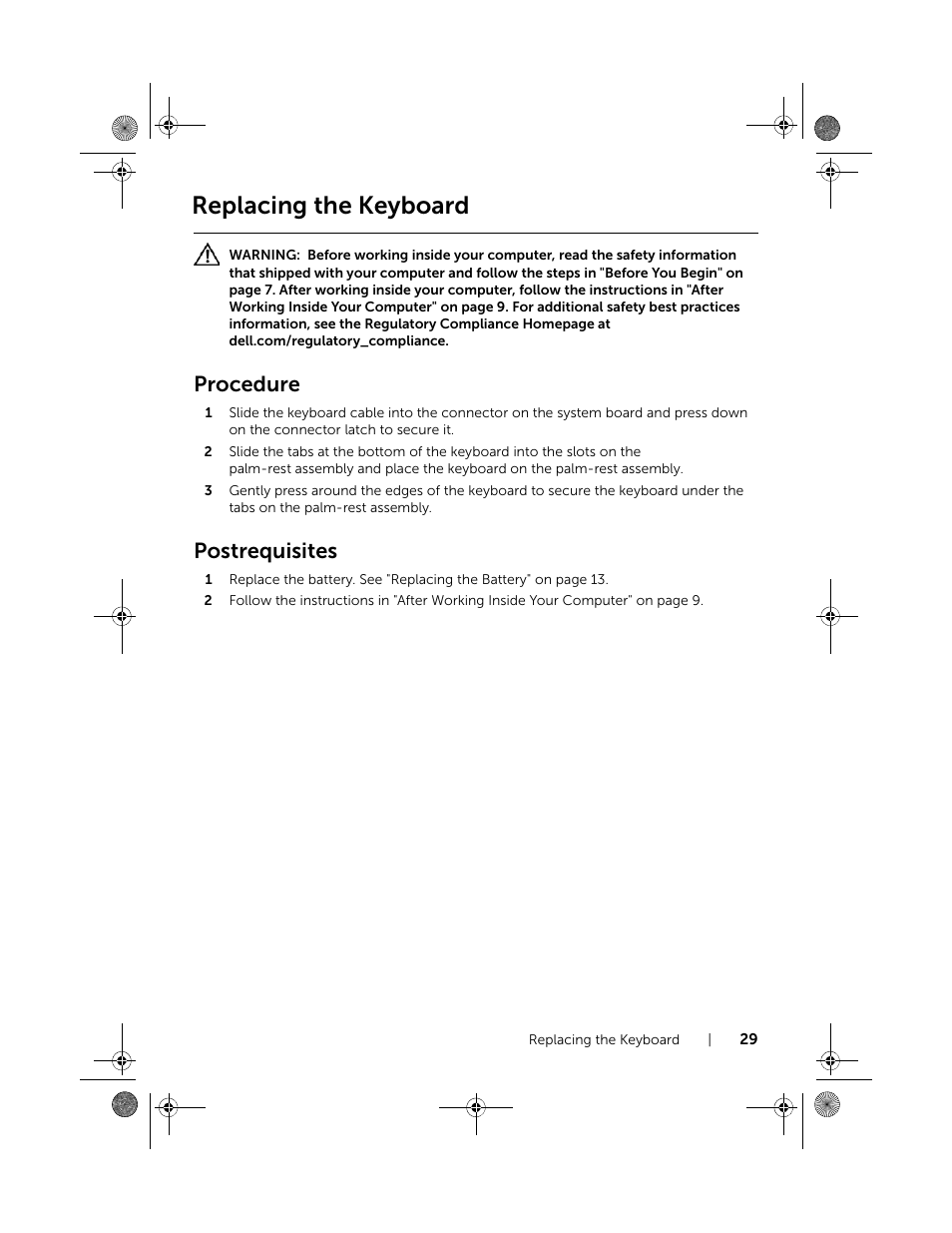 Replacing the keyboard, Procedure, Postrequisites | Dell Inspiron 15 (3521, Late 2012) User Manual | Page 29 / 94