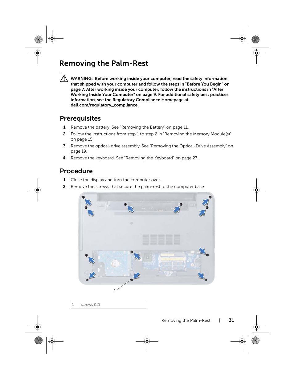 Removing the palm-rest, Prerequisites, Procedure | Dell Inspiron 15 (3521, Late 2012) User Manual | Page 31 / 94