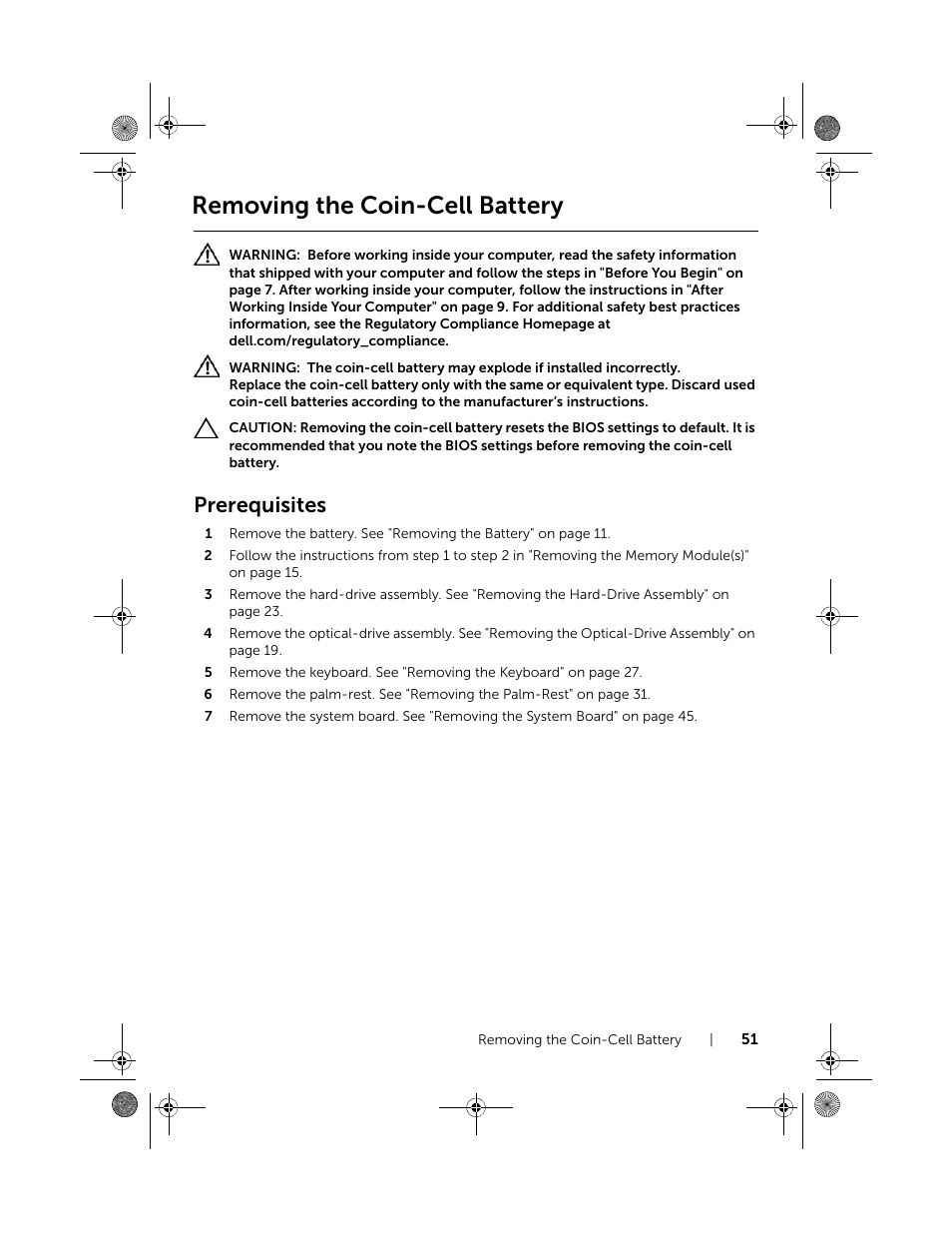 Removing the coin-cell battery, Prerequisites | Dell Inspiron 15 (3521, Late 2012) User Manual | Page 51 / 94