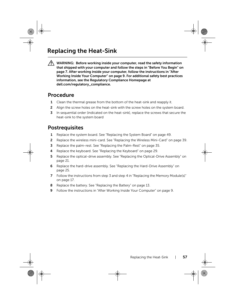 Replacing the heat-sink, Procedure, Postrequisites | Dell Inspiron 15 (3521, Late 2012) User Manual | Page 57 / 94