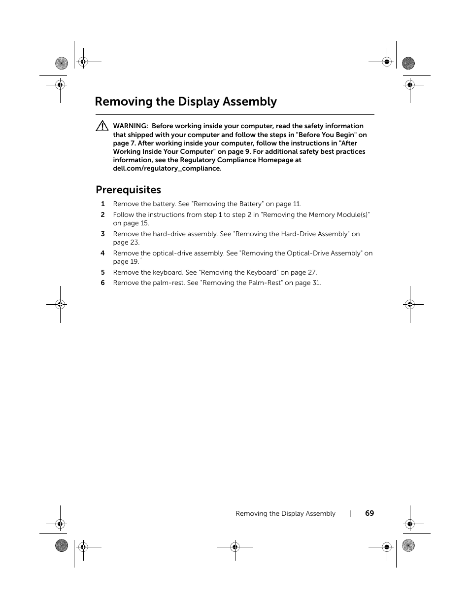 Removing the display assembly, Prerequisites | Dell Inspiron 15 (3521, Late 2012) User Manual | Page 69 / 94