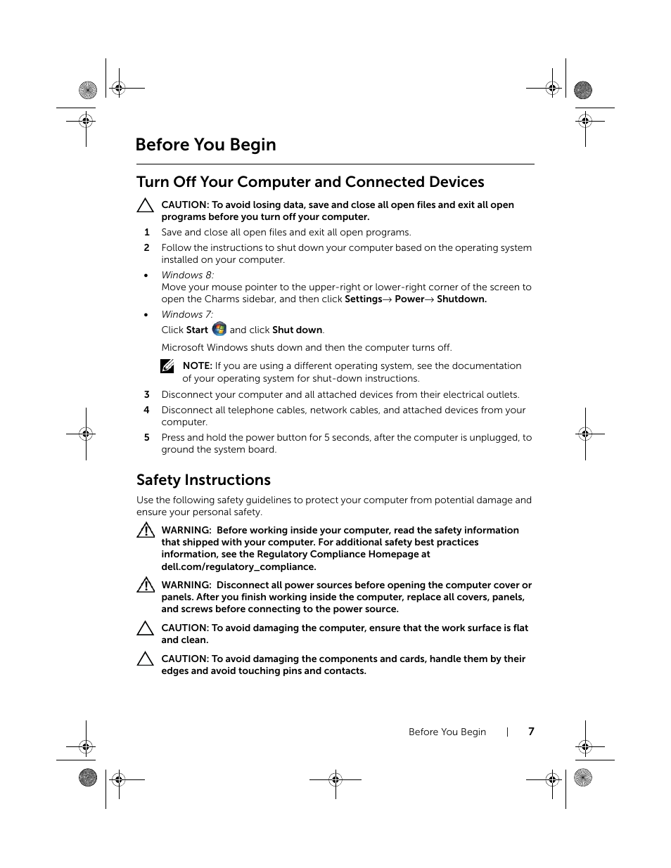 Before you begin, Turn off your computer and connected devices, Safety instructions | Dell Inspiron 15 (3521, Late 2012) User Manual | Page 7 / 94