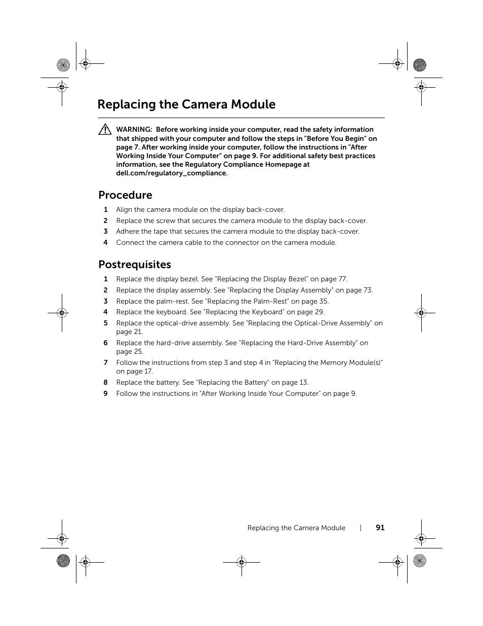 Replacing the camera module, Procedure, Postrequisites | Dell Inspiron 15 (3521, Late 2012) User Manual | Page 91 / 94