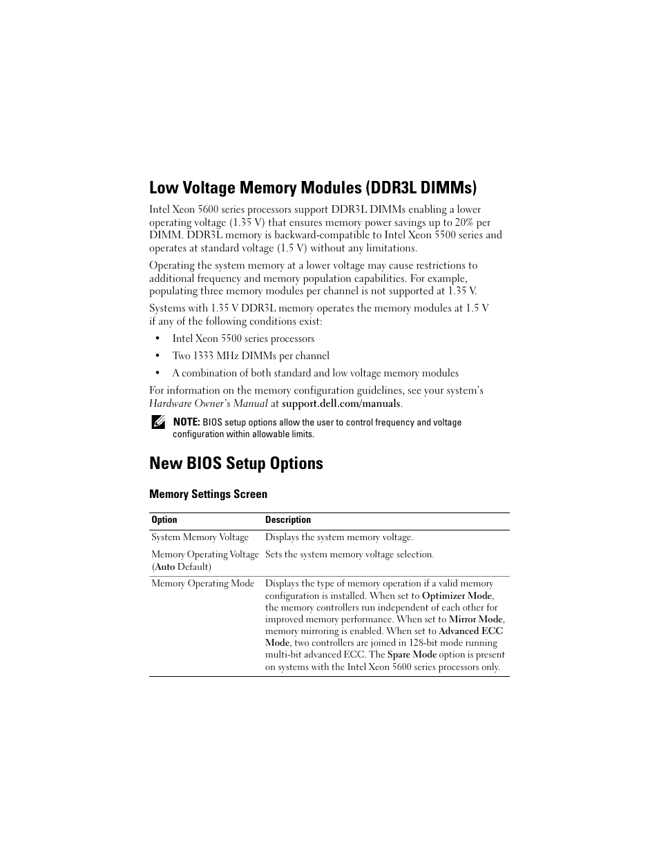 Low voltage memory modules (ddr3l dimms), New bios setup options, Memory settings screen | Dell PowerEdge R810 User Manual | Page 2 / 4