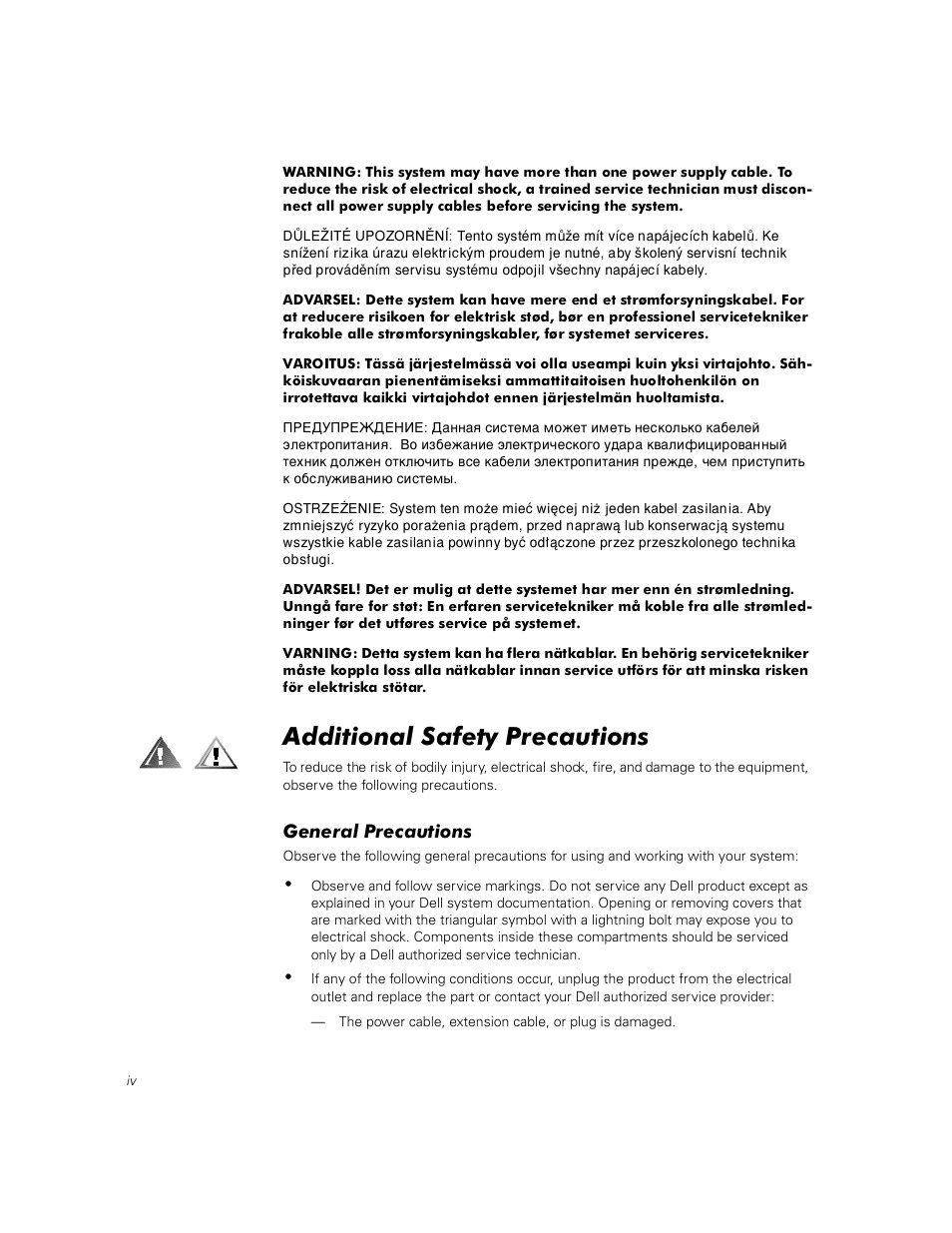 Additional safety precautions, General precautions, Gglwlrqdo 6dihw\ 3uhfdxwlrqv | Hqhudo 3uhfdxwlrqv | Dell PowerVault 211S (SCSI) User Manual | Page 10 / 148