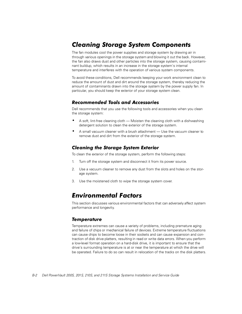 Cleaning storage system components, Recommended tools and accessories, Cleaning the storage system exterior | Environmental factors, Temperature, Ohdqlqj 6wrudjh 6\vwhp &rpsrqhqwv, Qylurqphqwdo )dfwruv | Dell PowerVault 211S (SCSI) User Manual | Page 116 / 148