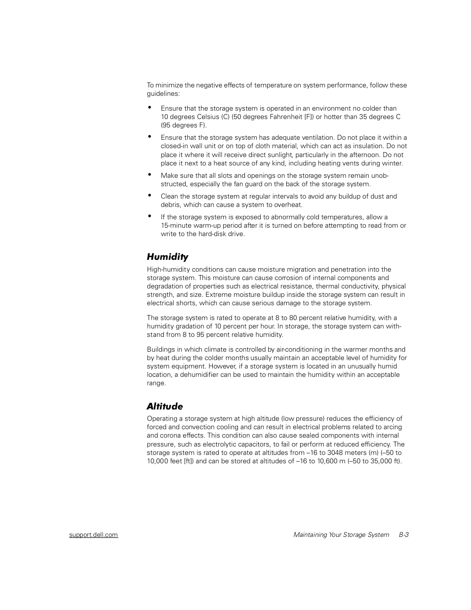Humidity, Altitude | Dell PowerVault 211S (SCSI) User Manual | Page 117 / 148