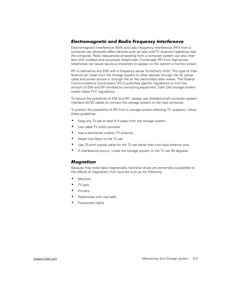 Electromagnetic and radio frequency interference, Magnetism | Dell PowerVault 211S (SCSI) User Manual | Page 119 / 148