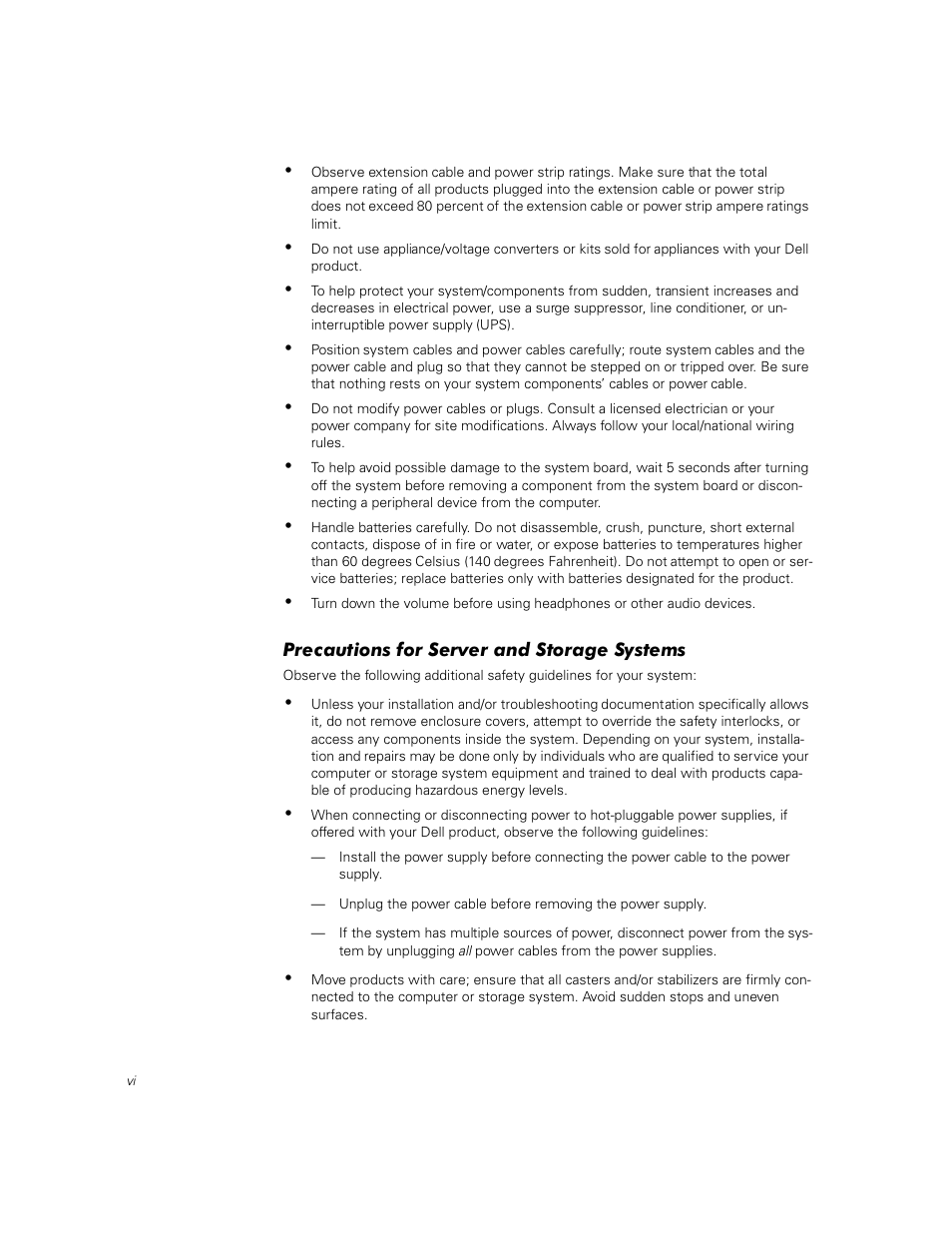 Precautions for server and storage systems | Dell PowerVault 211S (SCSI) User Manual | Page 12 / 148