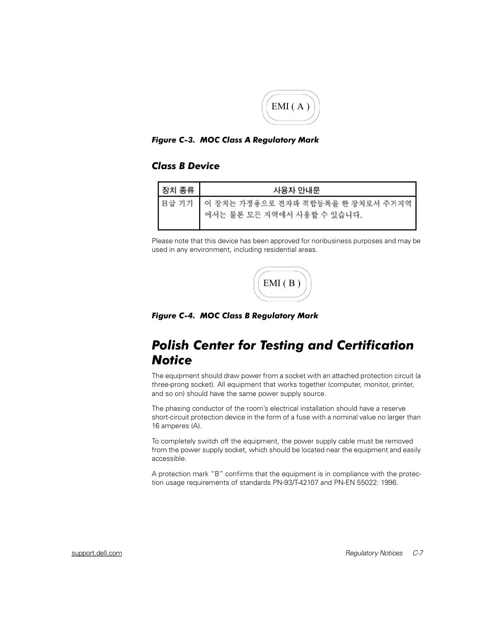 Class b device, Polish center for testing and certification notice | Dell PowerVault 211S (SCSI) User Manual | Page 129 / 148