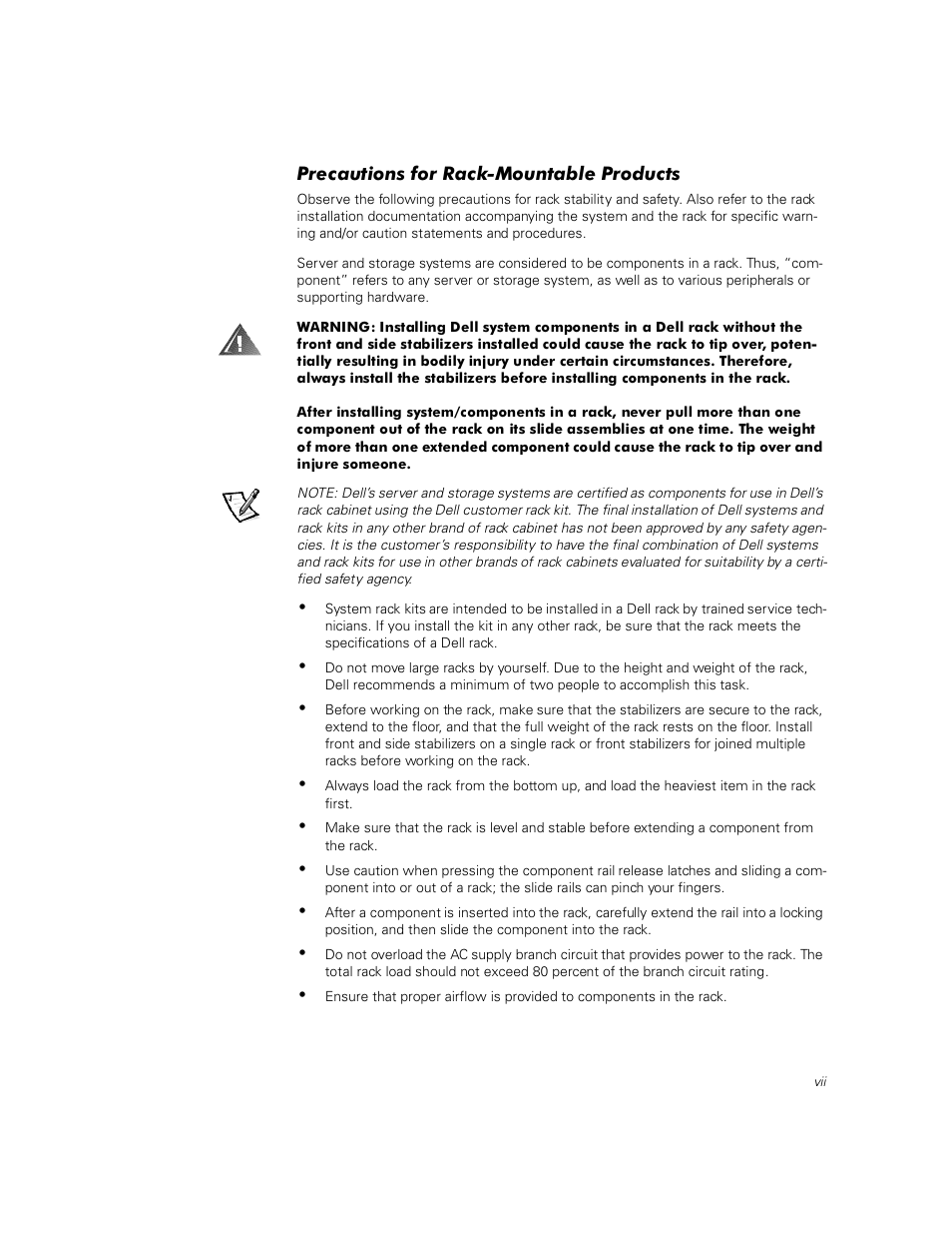 Precautions for rack-mountable products | Dell PowerVault 211S (SCSI) User Manual | Page 13 / 148