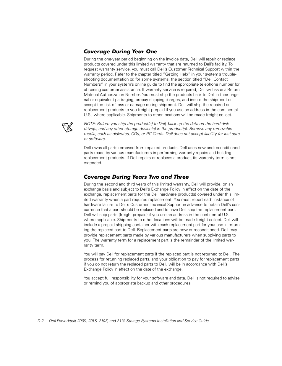 Coverage during year one, Coverage during years two and three, Ryhudjh 'xulqj <hdu 2qh | Ryhudjh 'xulqj <hduv 7zr dqg 7kuhh | Dell PowerVault 211S (SCSI) User Manual | Page 134 / 148
