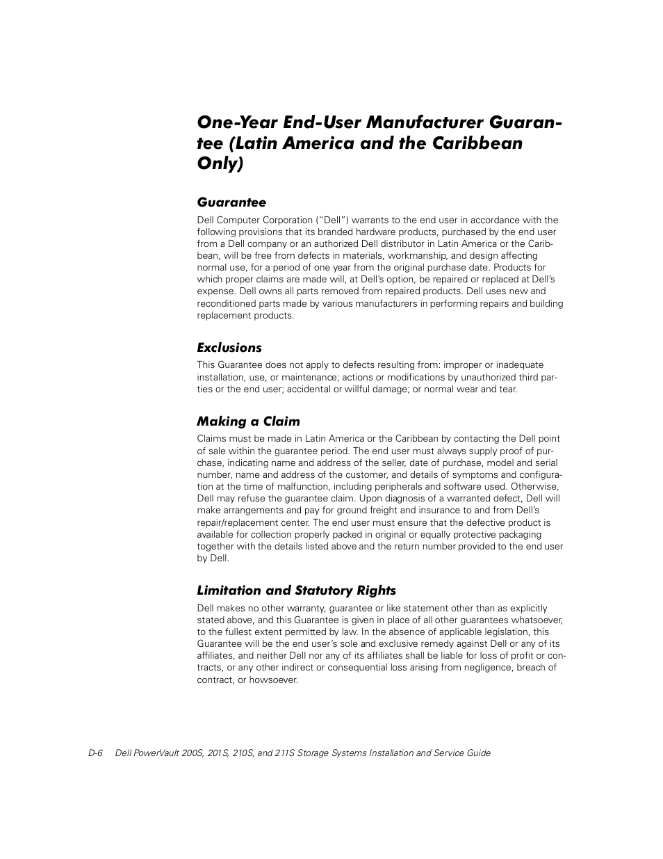 Guarantee, Exclusions, Making a claim | Limitation and statutory rights | Dell PowerVault 211S (SCSI) User Manual | Page 138 / 148