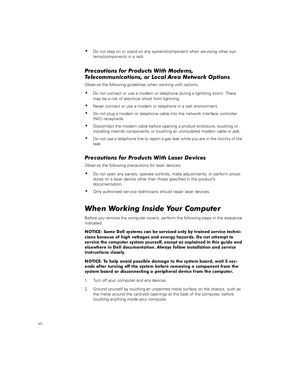 Precautions for products with laser devices, When working inside your computer, Khq :runlqj ,qvlgh <rxu &rpsxwhu | Dell PowerVault 211S (SCSI) User Manual | Page 14 / 148