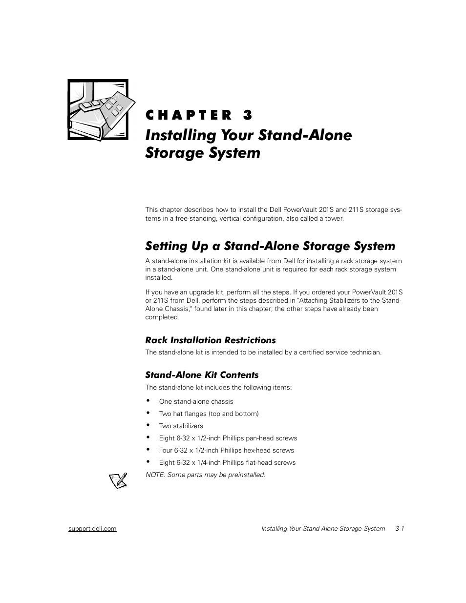 Installing your stand-alone storage system, Setting up a stand-alone storage system, Rack installation restrictions | Stand-alone kit contents, Kdswhu, Qvwdoolqj <rxu 6wdqg$orqh 6wrudjh 6\vwhp, Setting up a stand-alone storage system -1, Rack installation restrictions -1, Stand-alone kit contents -1, Installing the stand-alone kit -2 | Dell PowerVault 211S (SCSI) User Manual | Page 33 / 148
