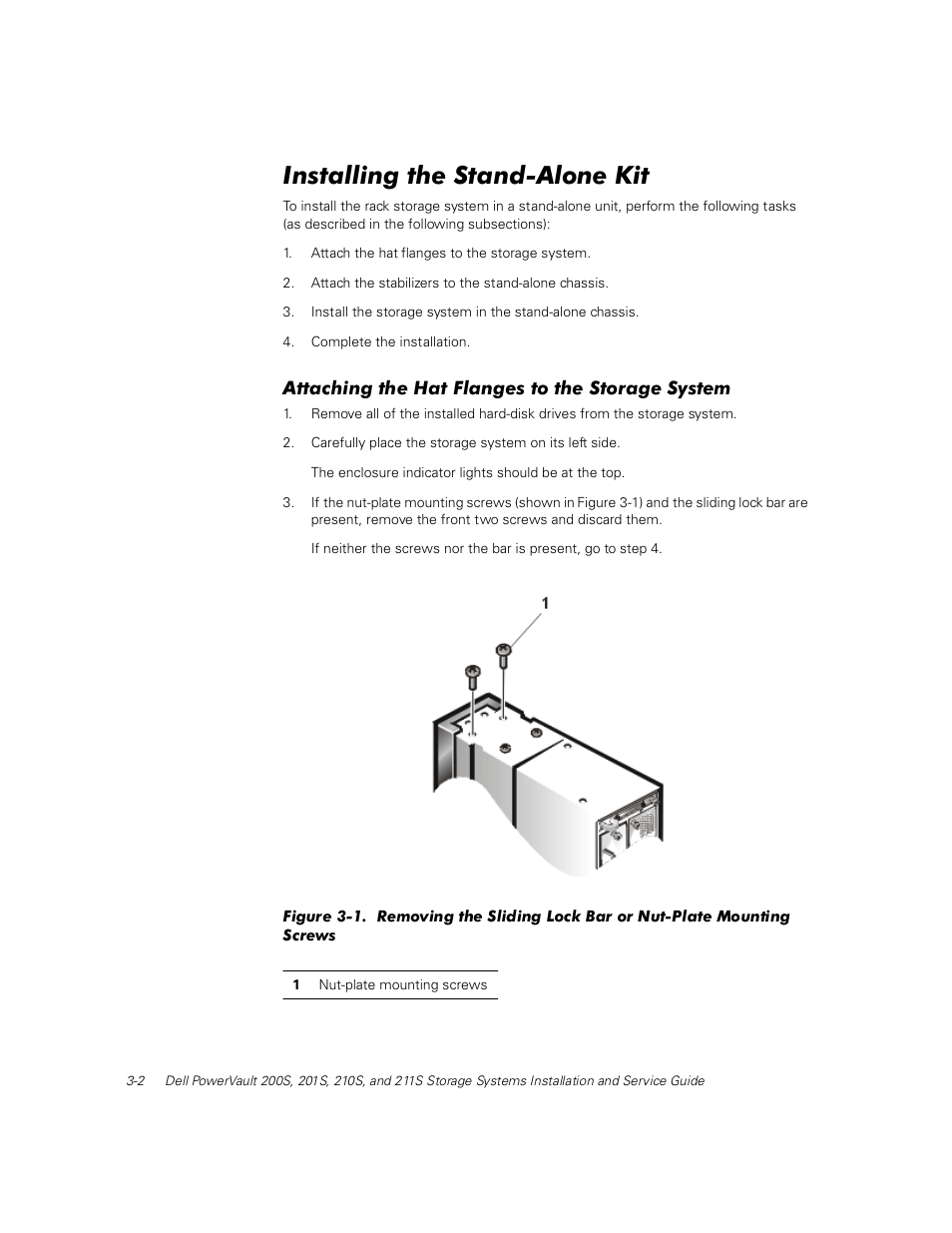Installing the stand-alone kit, Attaching the hat flanges to the storage system, Qvwdoolqj wkh 6wdqg$orqh .lw | Dell PowerVault 211S (SCSI) User Manual | Page 34 / 148