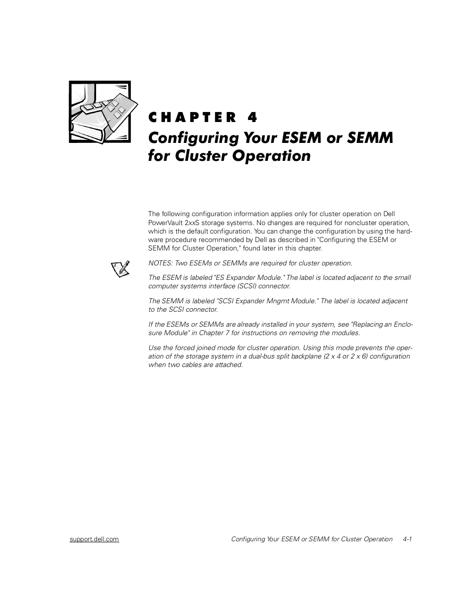 Kdswhu &rqiljxulqj <rxu (6(0 ru 6(00, Iru &oxvwhu 2shudwlrq, Installing the esem or semm -3 | Managing the powervault 2 xx, Figure 4-1, Esem and semm jumpers -2, Figure 4-2, Removing the existing module (left side) -4 | Dell PowerVault 211S (SCSI) User Manual | Page 39 / 148