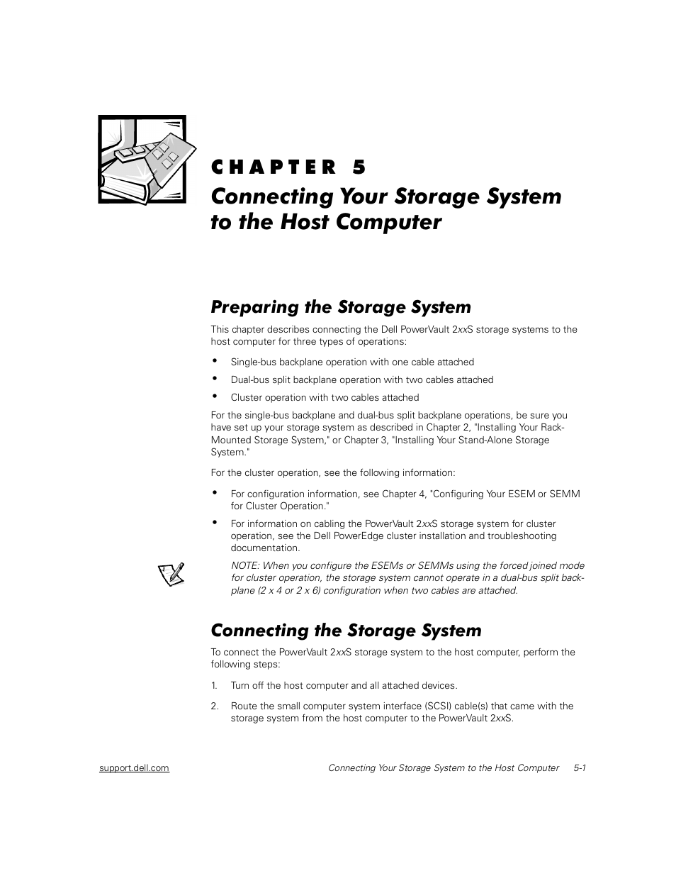 Preparing the storage system, Connecting the storage system, Kdswhu | Rqqhfwlqj <rxu 6wrudjh 6\vwhp, Wr wkh +rvw &rpsxwhu, Preparing the storage system -1, Connecting the storage system -1, Running the diagnostics -5, Figure 5-1, Back panel showing redundant configuration -2 | Dell PowerVault 211S (SCSI) User Manual | Page 45 / 148