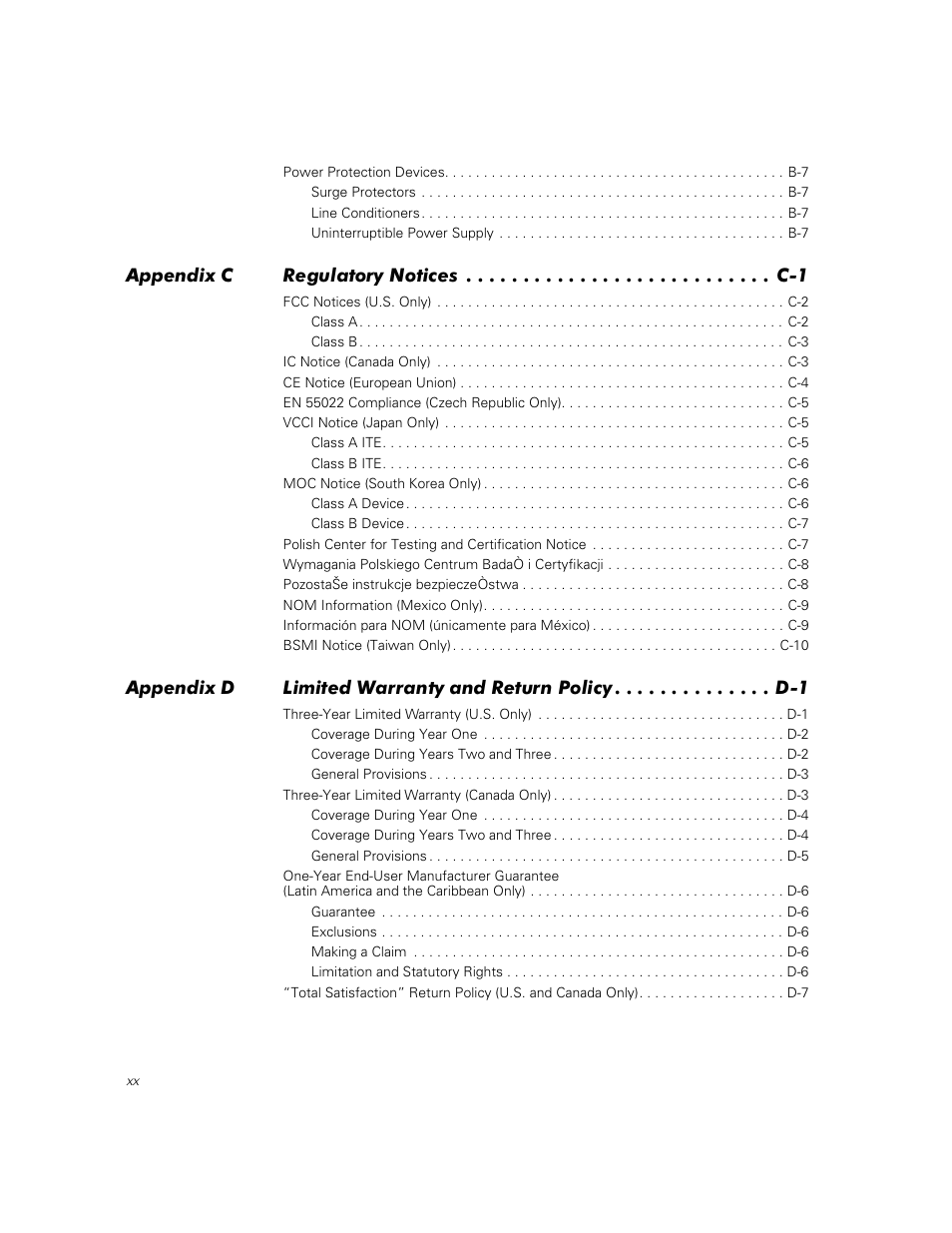 Sshqgl[ & 5hjxodwru\ 1rwlfhv, Sshqgl[ ' /lplwhg :duudqw\ dqg 5hwxuq 3rolf | Dell PowerVault 211S (SCSI) User Manual | Page 6 / 148