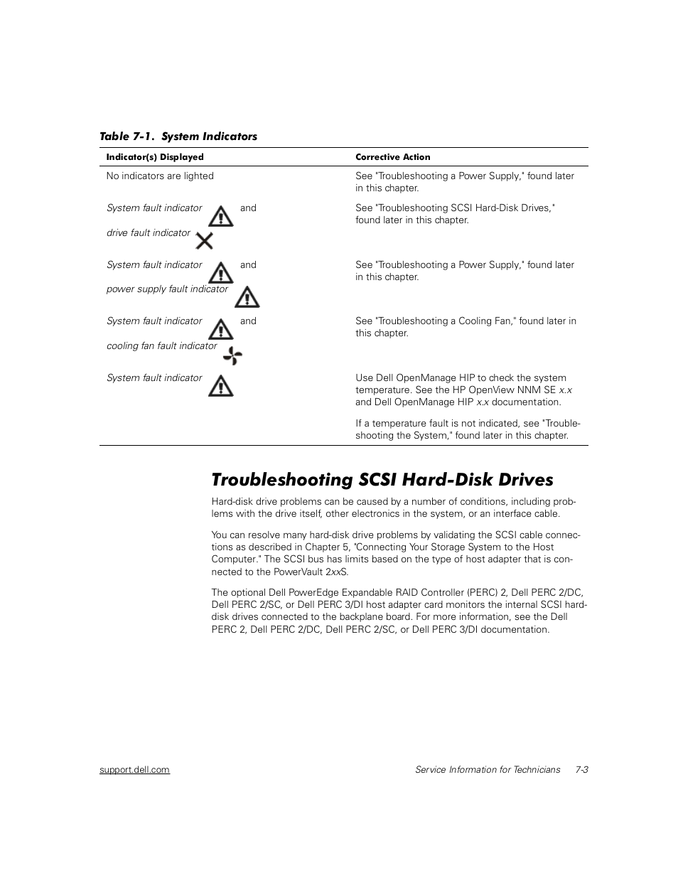 Troubleshooting scsi hard-disk drives, Table 7-1 lists the indicators that can be display, 7urxeohvkrrwlqj 6&6, +dug'lvn 'ulyhv | Dell PowerVault 211S (SCSI) User Manual | Page 61 / 148