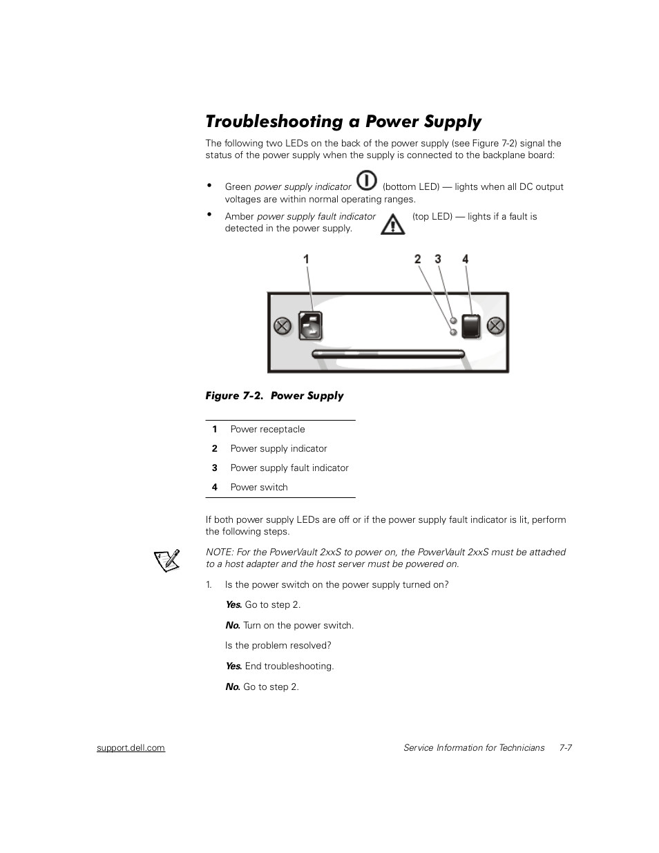 Troubleshooting a power supply, See "troubleshooting a power supply," f, 7urxeohvkrrwlqj d 3rzhu 6xsso | Dell PowerVault 211S (SCSI) User Manual | Page 65 / 148