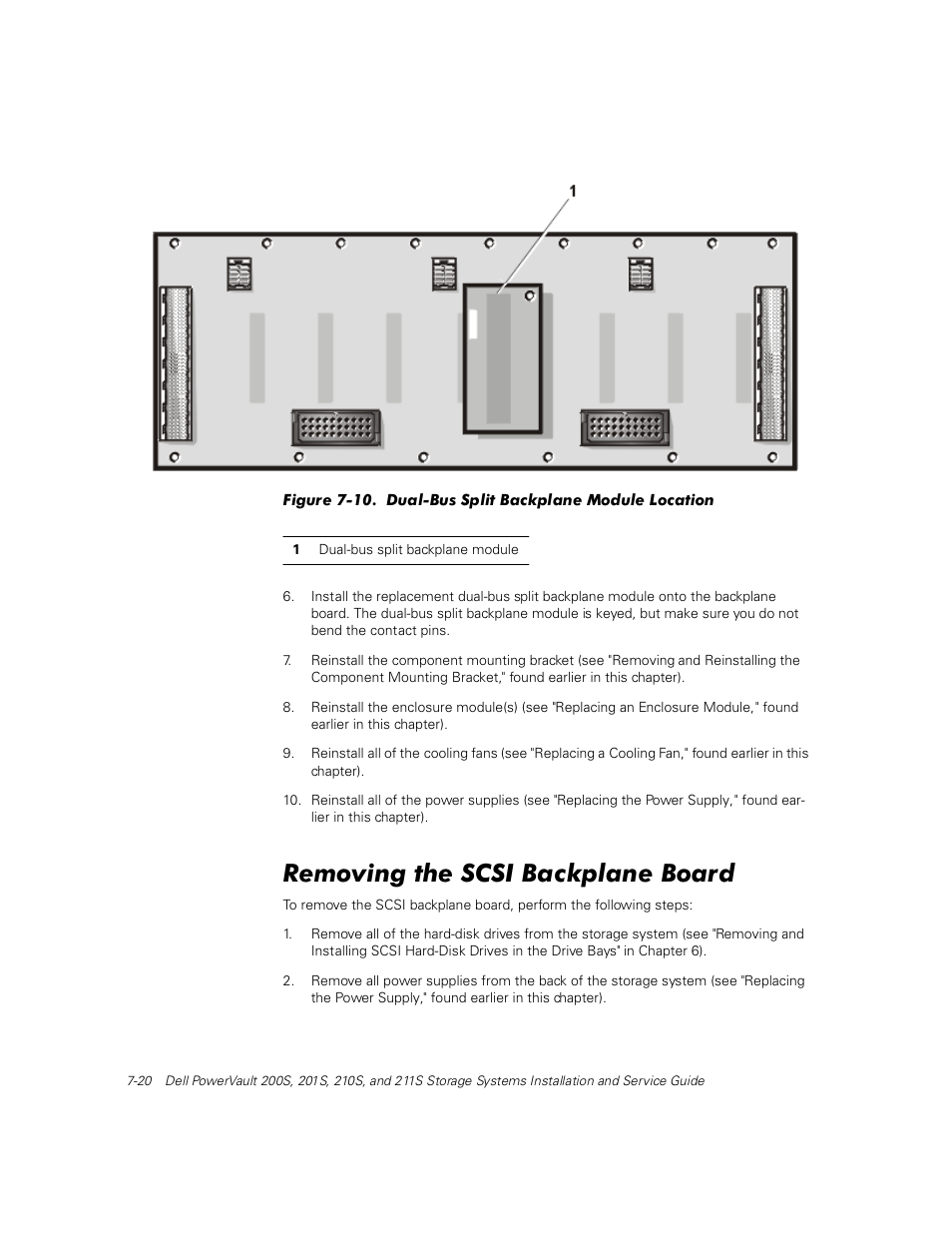 Removing the scsi backplane board, Figure 7-10), 5hprylqj wkh 6&6, %dfnsodqh %rdug | Dell PowerVault 211S (SCSI) User Manual | Page 78 / 148