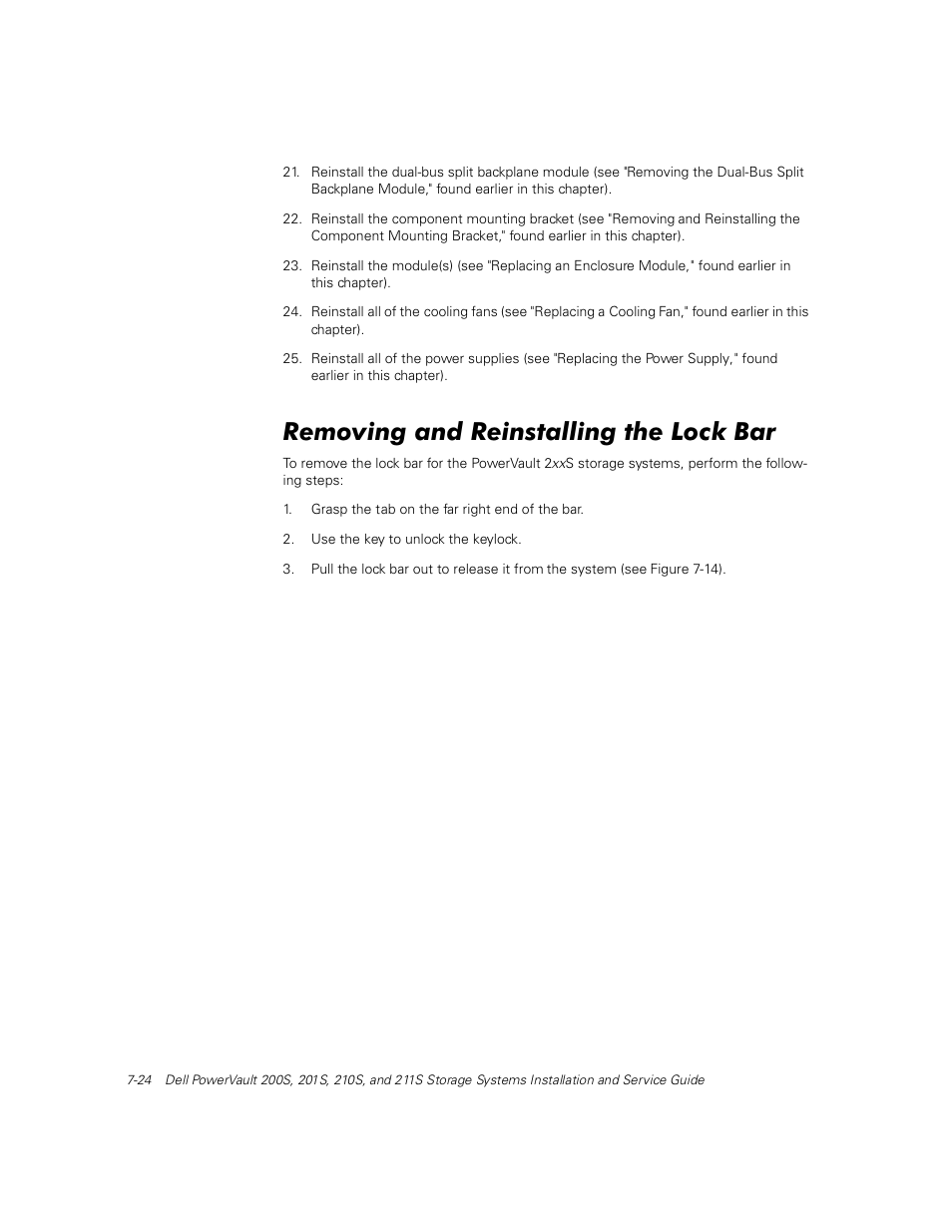 Removing and reinstalling the lock bar, 5hprylqj dqg 5hlqvwdoolqj wkh /rfn %du | Dell PowerVault 211S (SCSI) User Manual | Page 82 / 148