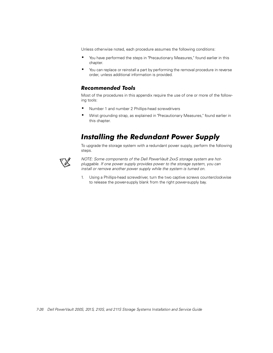 Recommended tools, Installing the redundant power supply, Qvwdoolqj wkh 5hgxqgdqw 3rzhu 6xsso | Dell PowerVault 211S (SCSI) User Manual | Page 84 / 148