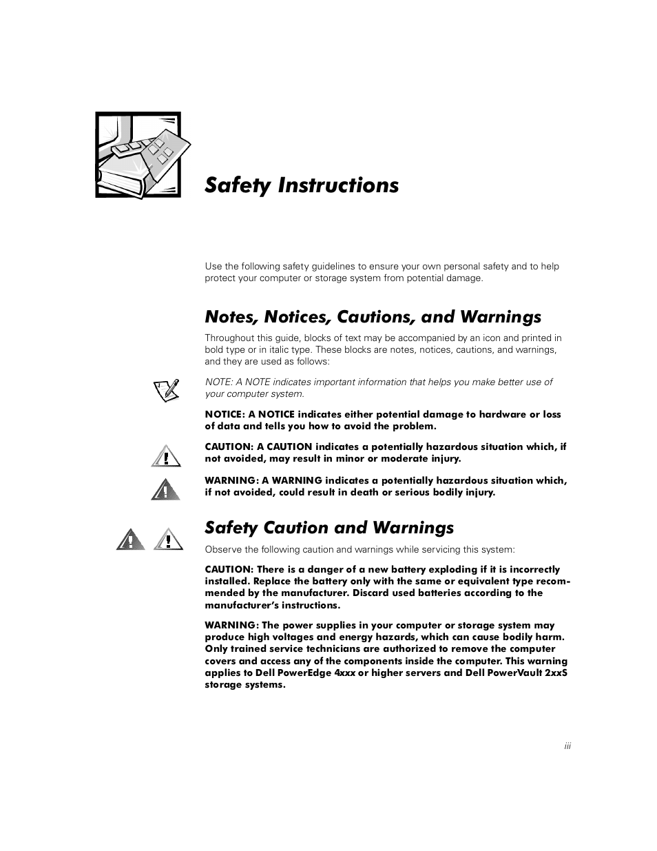 Safety instructions, Notes, notices, cautions, and warnings, Safety caution and warnings | 6dihw\ ,qvwuxfwlrqv, 1rwhv 1rwlfhv &dxwlrqv dqg :duqlqjv, 6dihw\ &dxwlrq dqg :duqlqjv | Dell PowerVault 211S (SCSI) User Manual | Page 9 / 148
