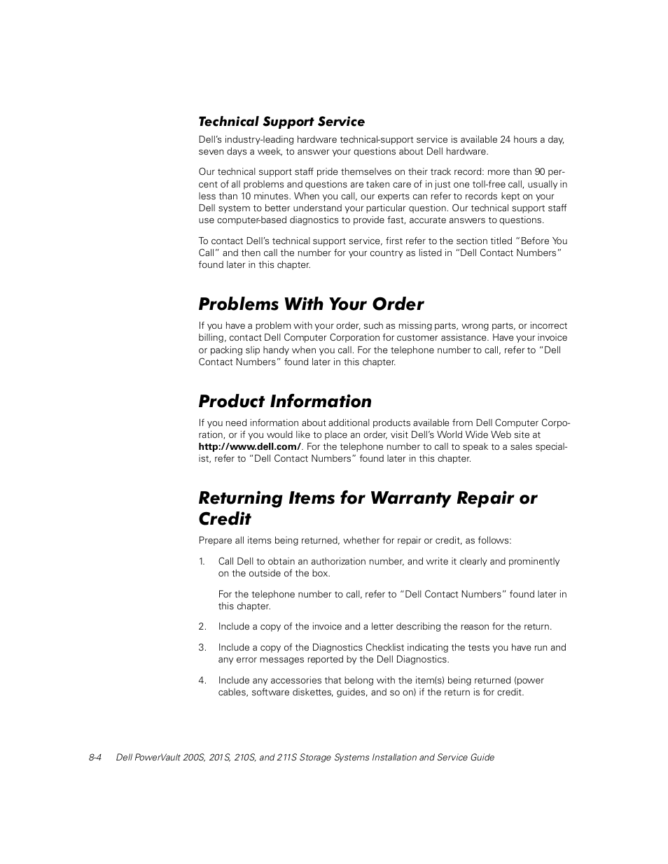 Technical support service, Problems with your order, Product information | Returning items for warranty repair or credit, 3ureohpv :lwk <rxu 2ughu, 3urgxfw ,qirupdwlrq, 5hwxuqlqj ,whpv iru :duudqw\ 5hsdlu ru &uhglw | Dell PowerVault 211S (SCSI) User Manual | Page 94 / 148