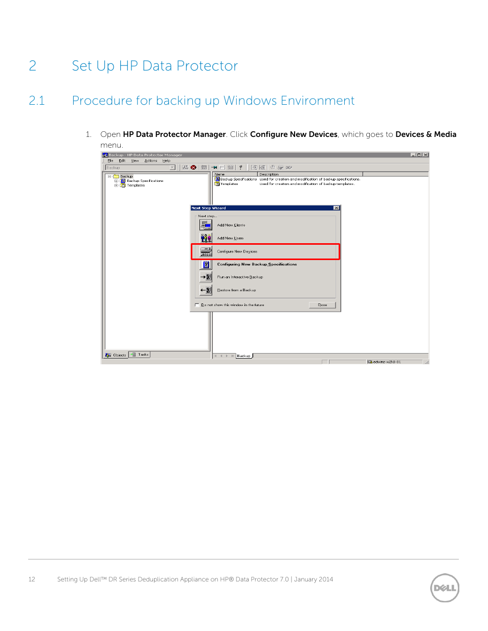 2 set up hp data protector, 1 procedure for backing up windows environment, Set up hp data protector | Procedure for backing up windows environment, 2set up hp data protector | Dell PowerVault DR6000 User Manual | Page 12 / 37