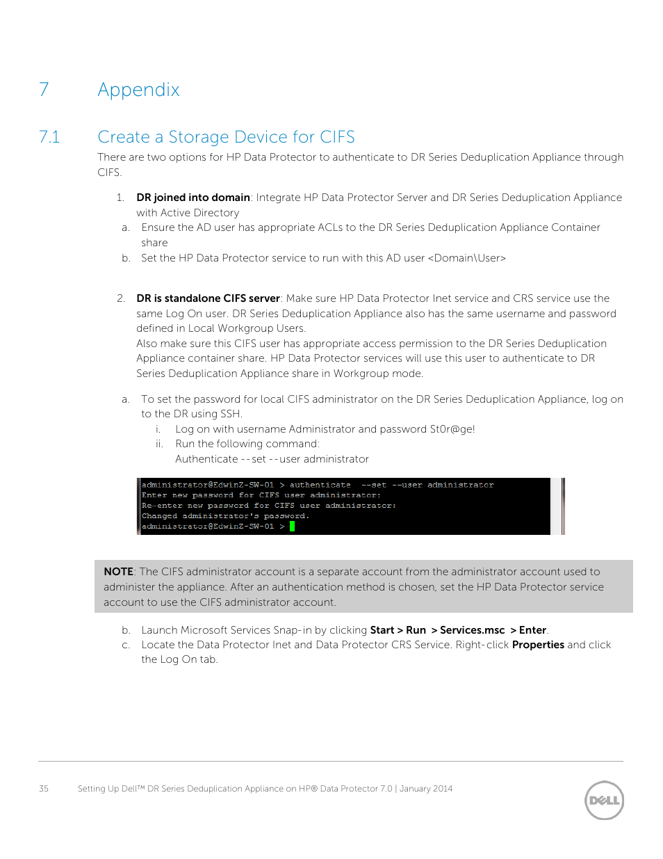 7 appendix, 1 create a storage device for cifs, Appendix | Create a storage device for cifs, 7appendix | Dell PowerVault DR6000 User Manual | Page 35 / 37