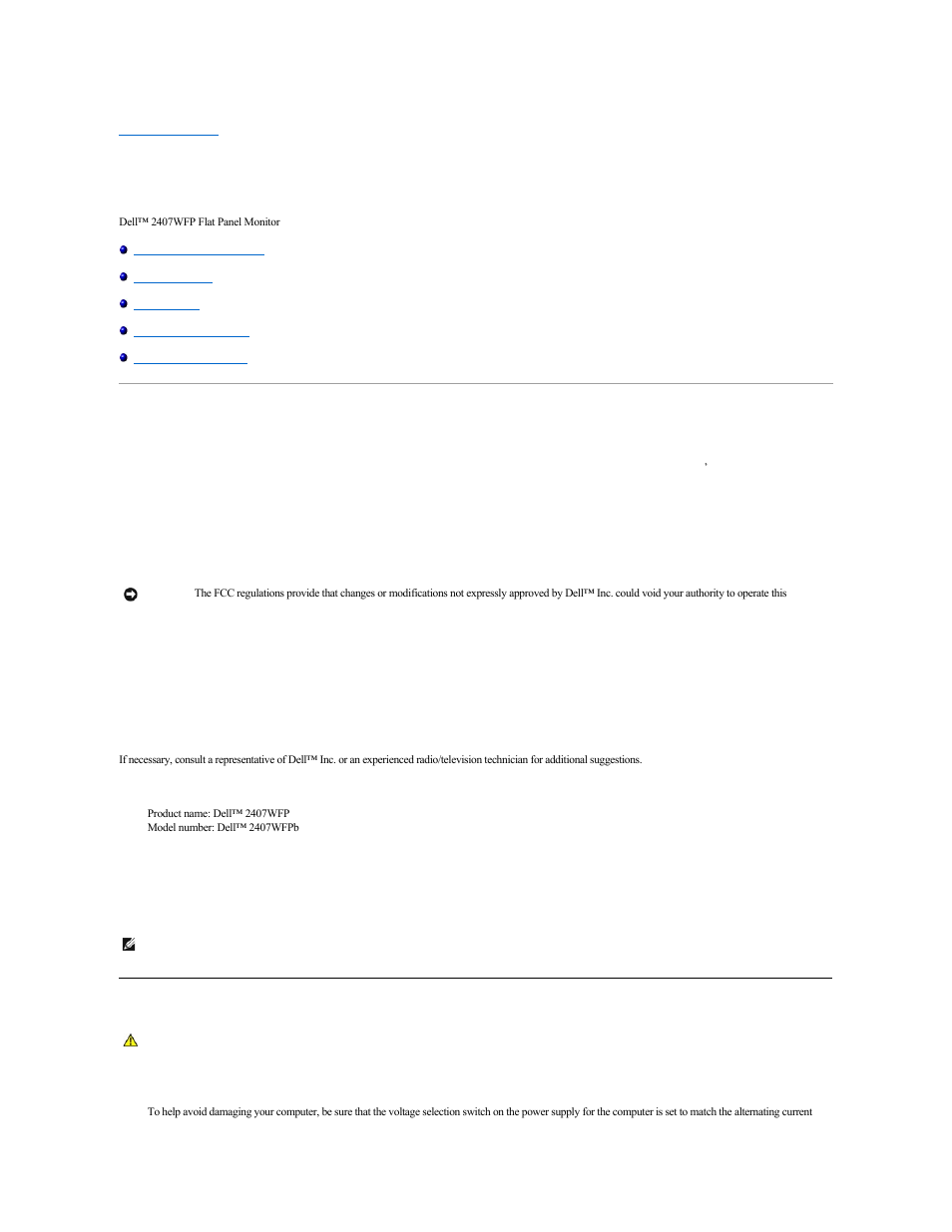 Appendix, Fcc identification information, Caution: safety instructions | Dell 2407WFP Monitor User Manual | Page 12 / 51