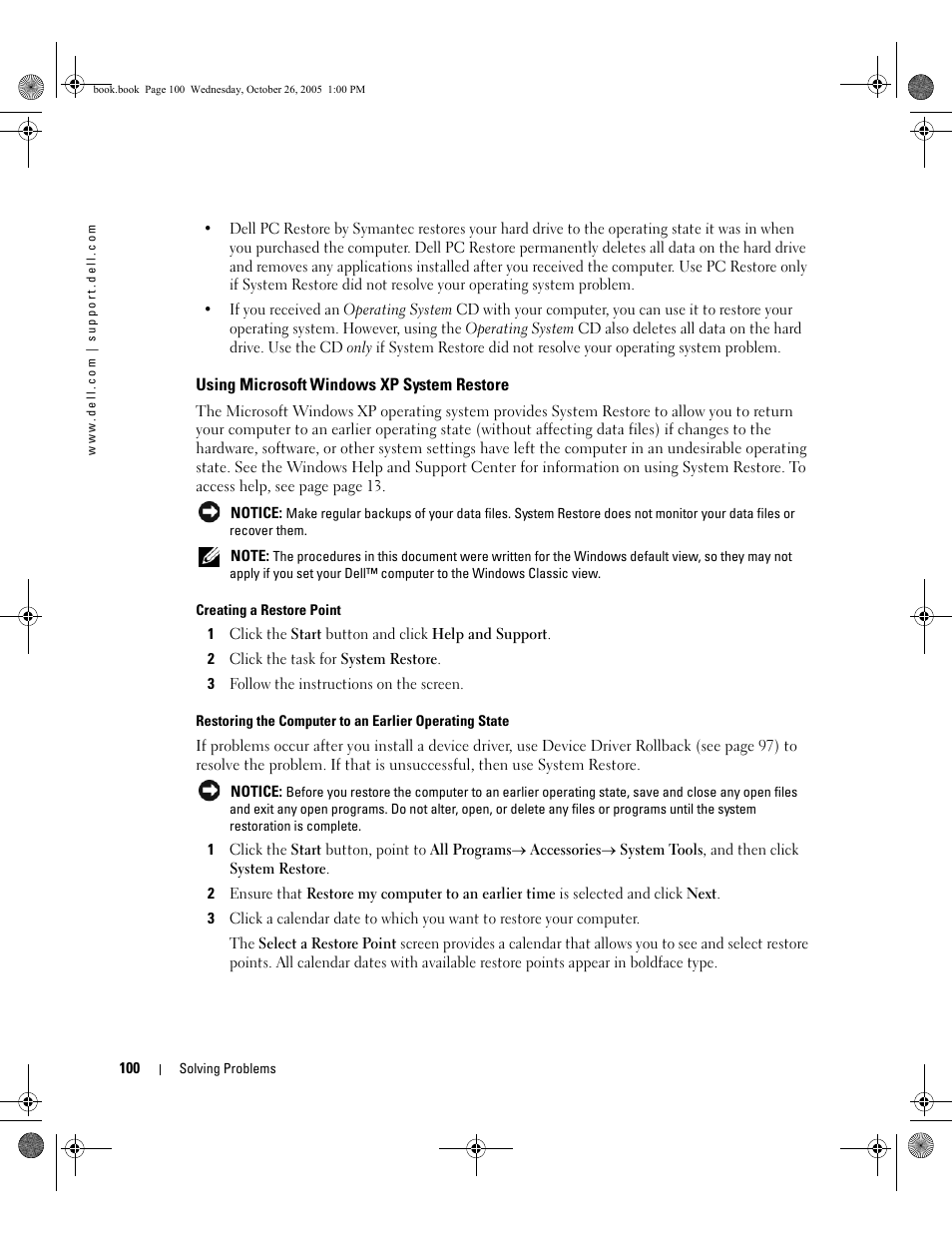 Using microsoft windows xp system restore, Using microsoft | Dell XPS M140 (MXC051, Late 2005) User Manual | Page 100 / 180