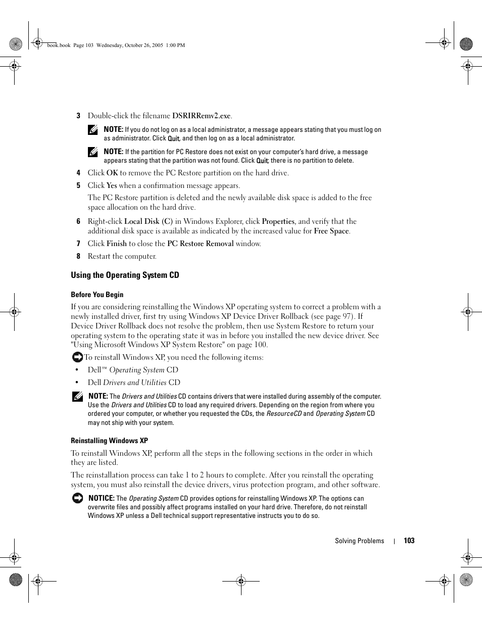 Using the operating system cd | Dell XPS M140 (MXC051, Late 2005) User Manual | Page 103 / 180