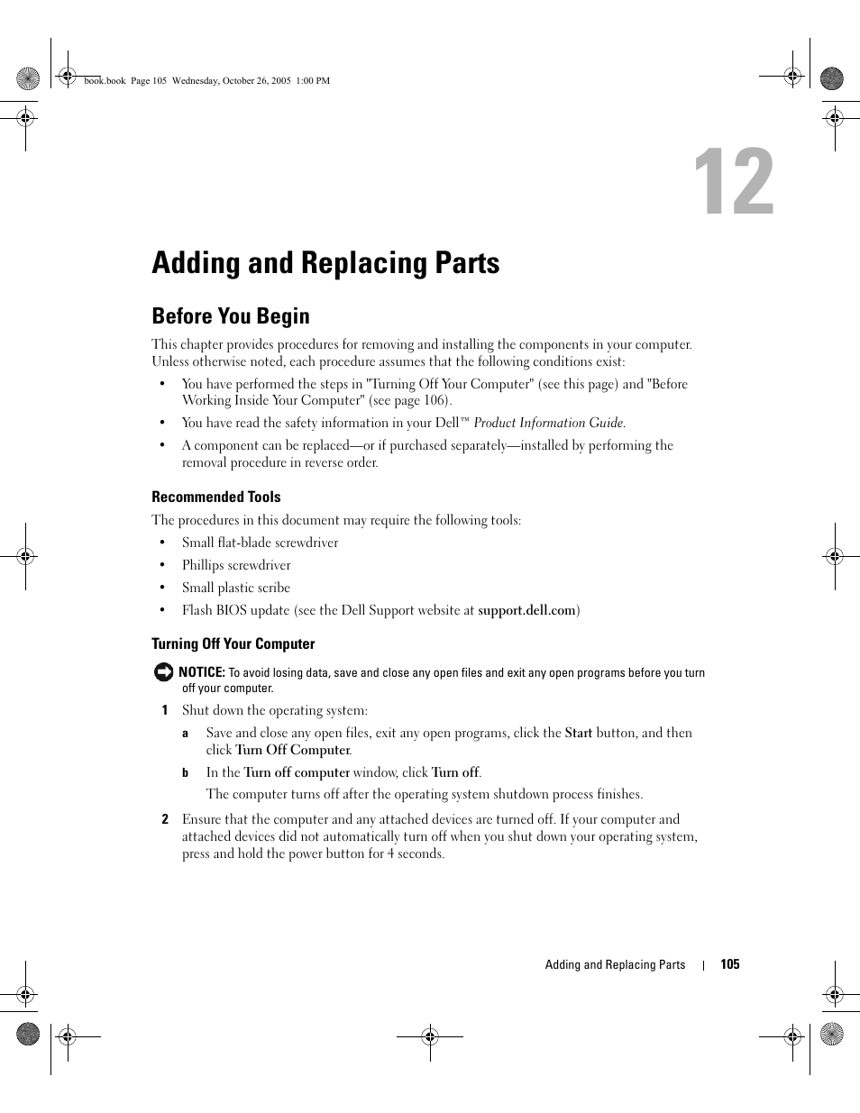 Adding and replacing parts, Before you begin, Recommended tools | Turning off your computer, 12 adding and replacing parts | Dell XPS M140 (MXC051, Late 2005) User Manual | Page 105 / 180