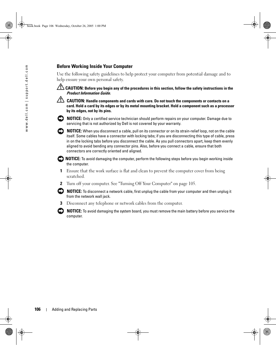 Before working inside your computer | Dell XPS M140 (MXC051, Late 2005) User Manual | Page 106 / 180