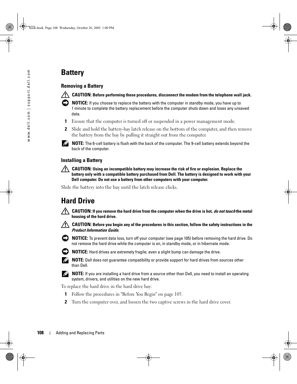 Battery, Removing a battery, Installing a battery | Hard drive | Dell XPS M140 (MXC051, Late 2005) User Manual | Page 108 / 180