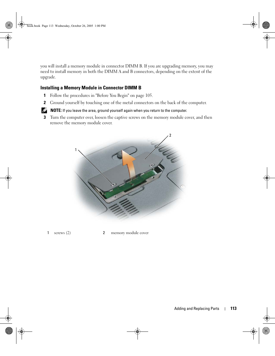 Installing a memory module in connector dimm b | Dell XPS M140 (MXC051, Late 2005) User Manual | Page 113 / 180