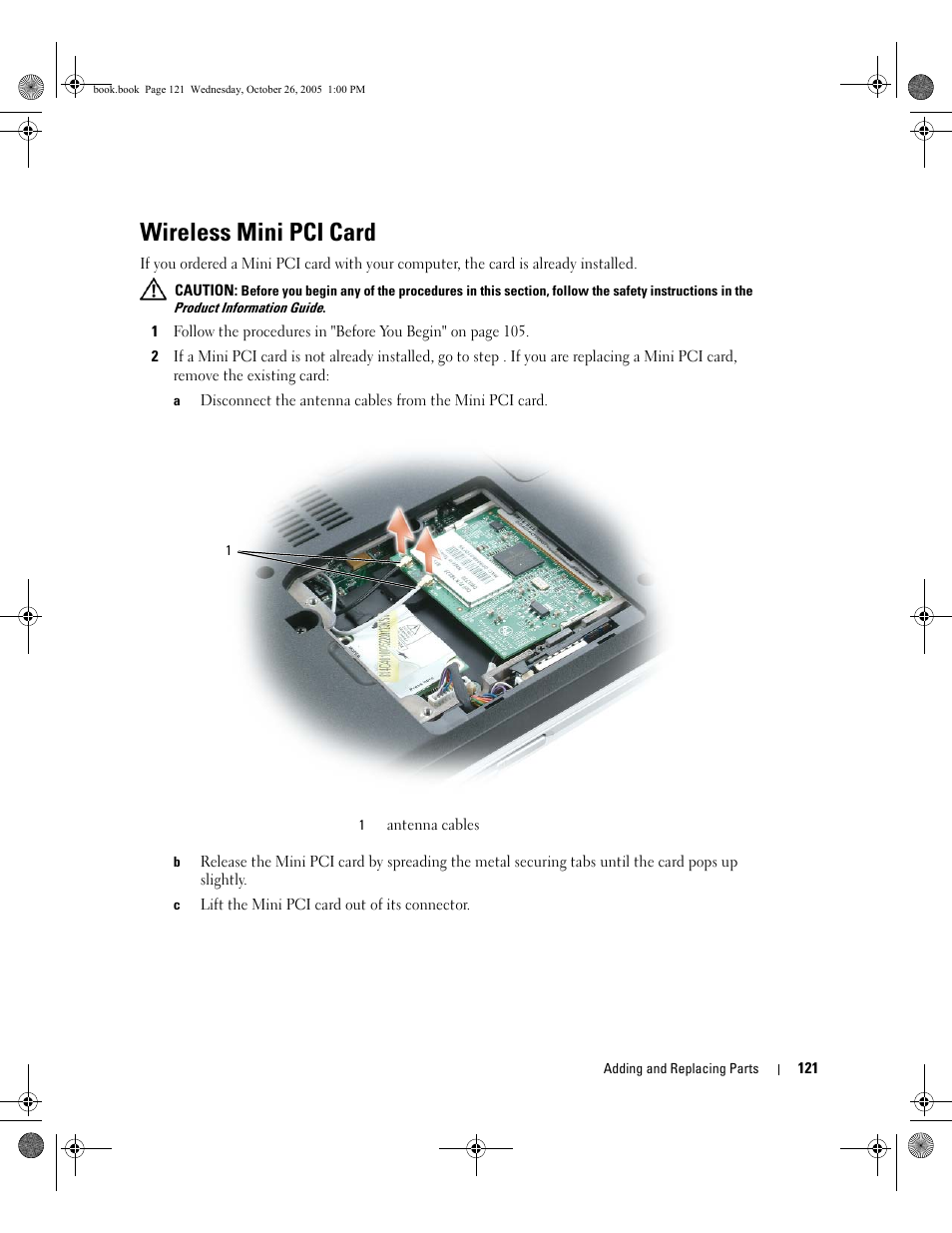 Wireless mini pci card | Dell XPS M140 (MXC051, Late 2005) User Manual | Page 121 / 180