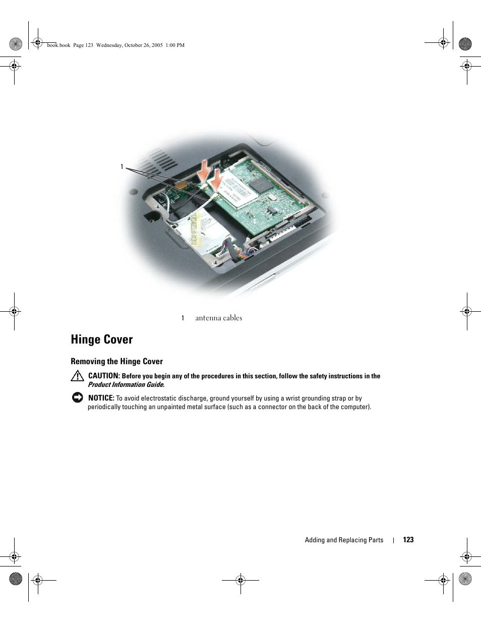 Hinge cover, Removing the hinge cover | Dell XPS M140 (MXC051, Late 2005) User Manual | Page 123 / 180