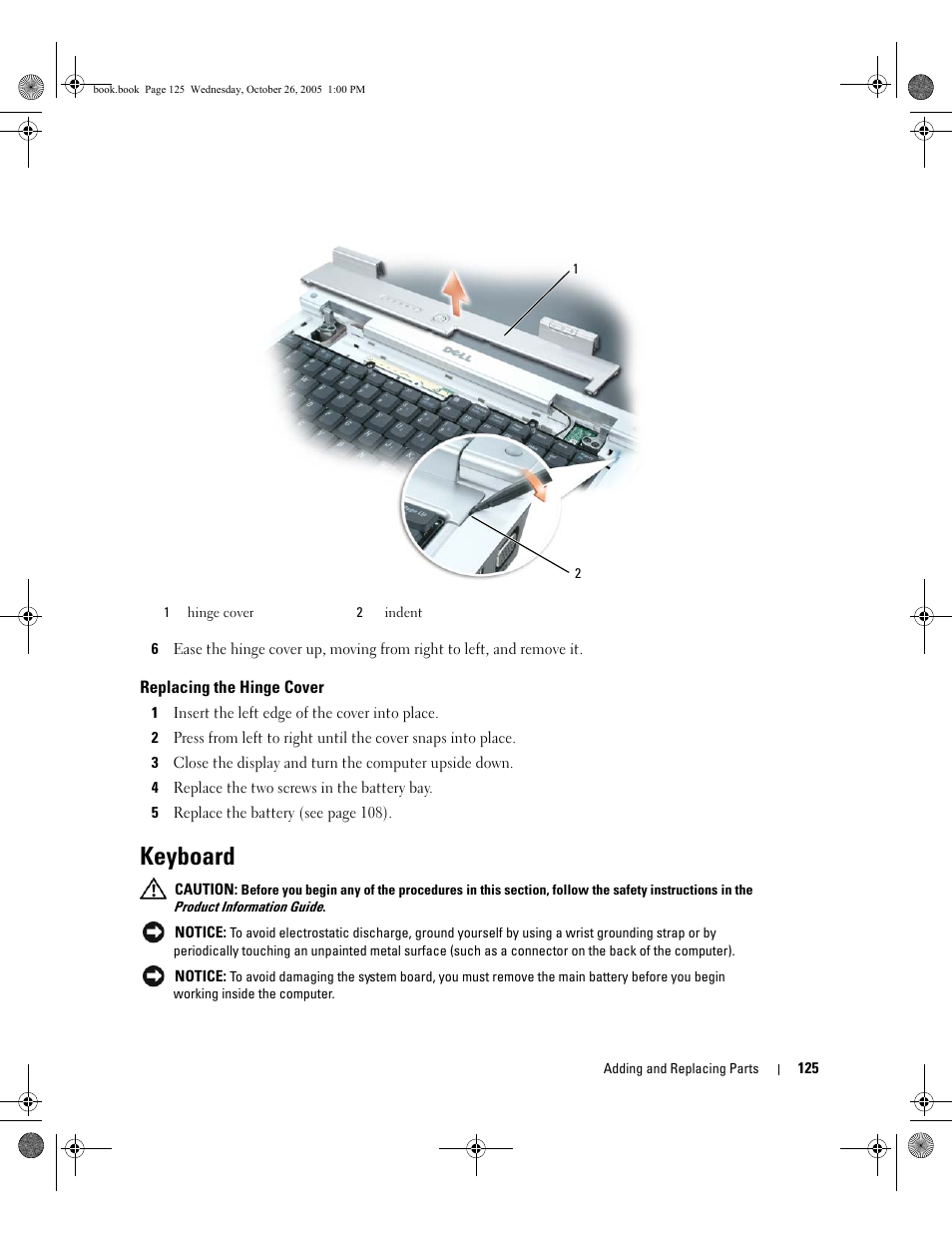 Replacing the hinge cover, Keyboard | Dell XPS M140 (MXC051, Late 2005) User Manual | Page 125 / 180